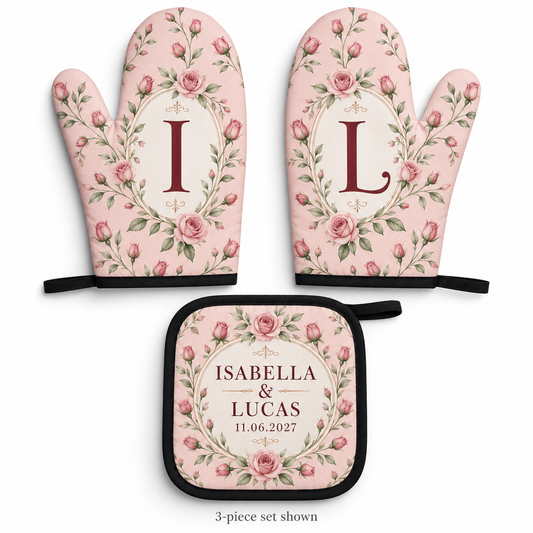 Blush Rose Border personalized oven mitt and pot holder - hero