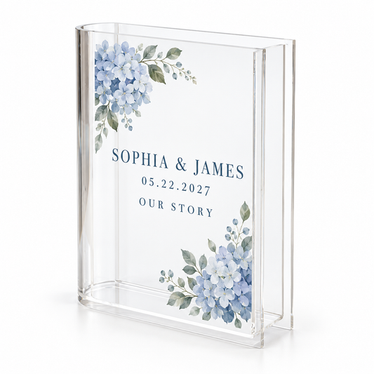 Blue Hydrangea personalized acrylic book vase - hero