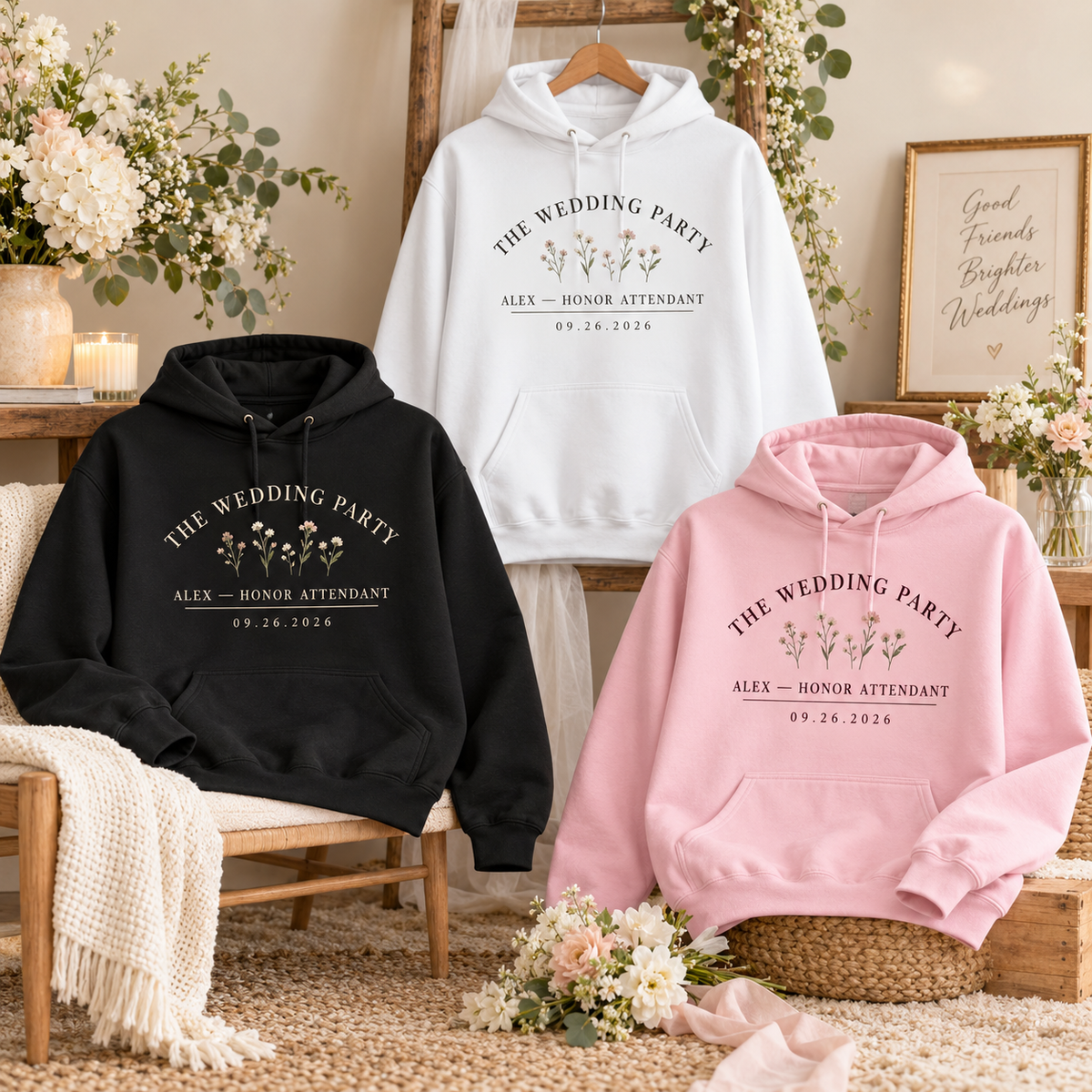 Wedding Party Roster Hoodie; color variants. One Day for Lifetime