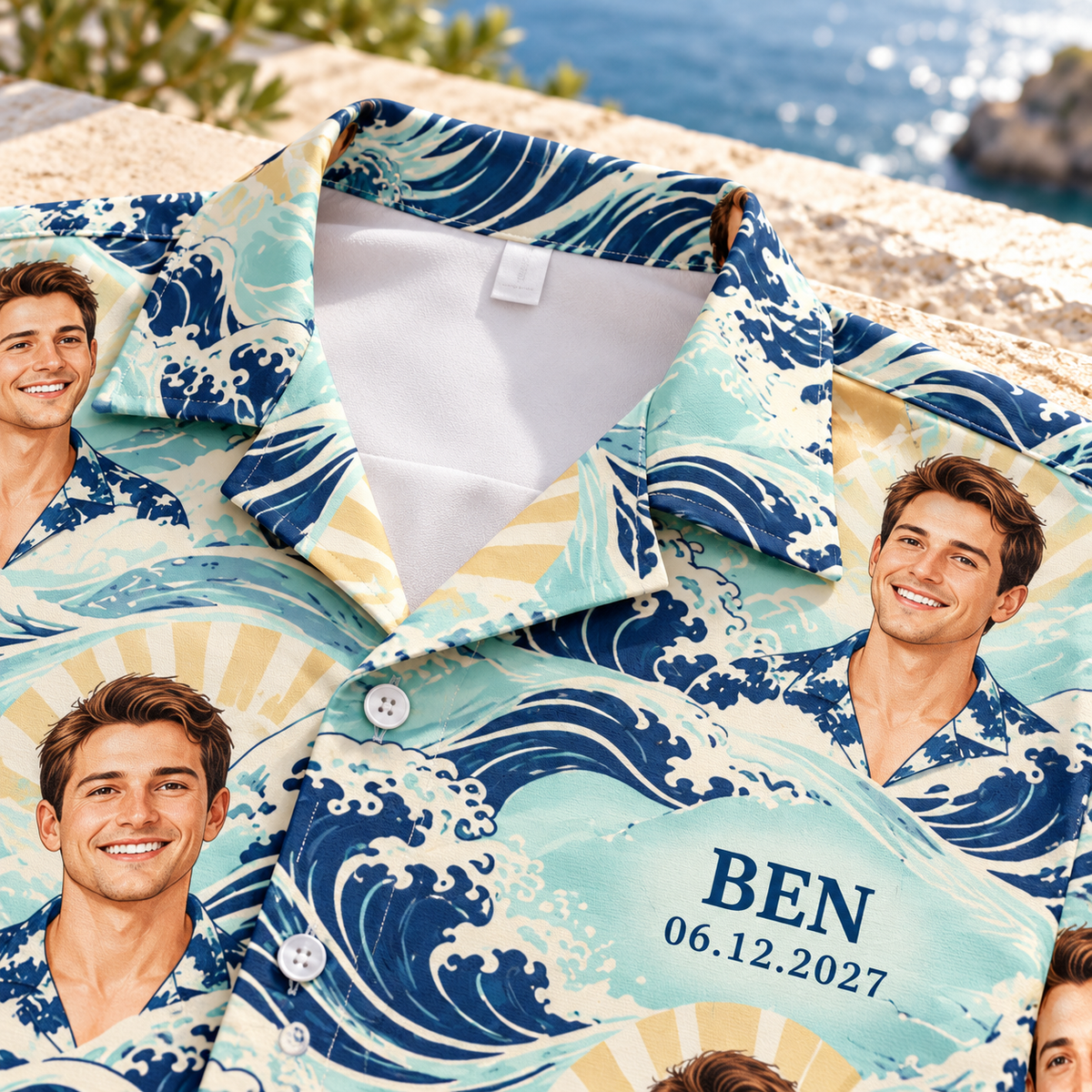 Groom Portrait Getaway Hawaiian Shirt; print detail. One Day for Lifetime