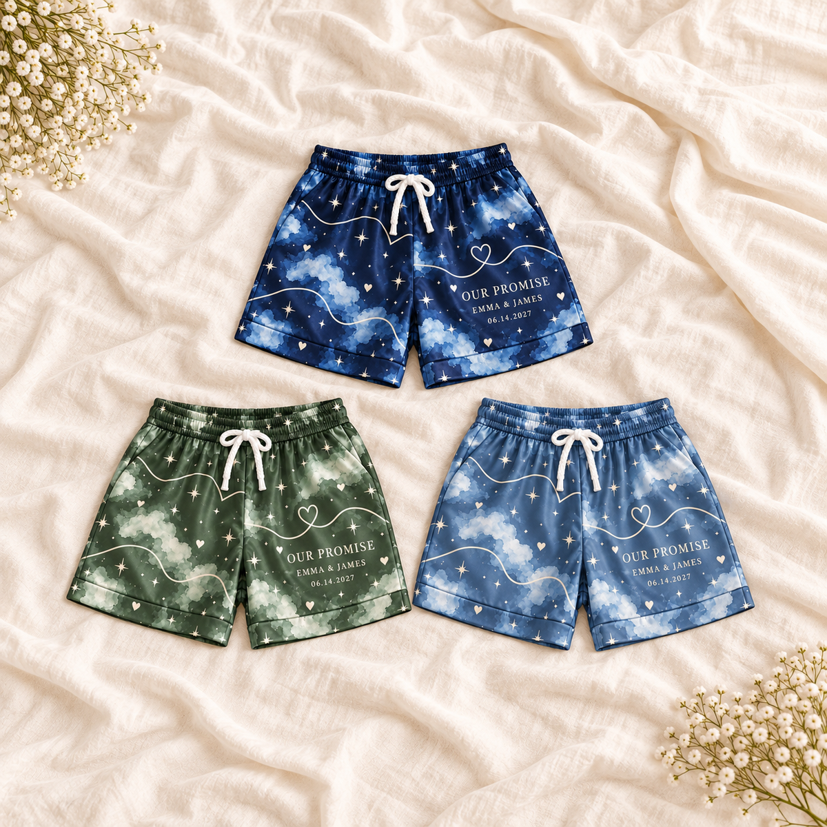 Our Promise Vow Lines Personalized Satin Pajama Shorts; colorway variants. One Day for Lifetime