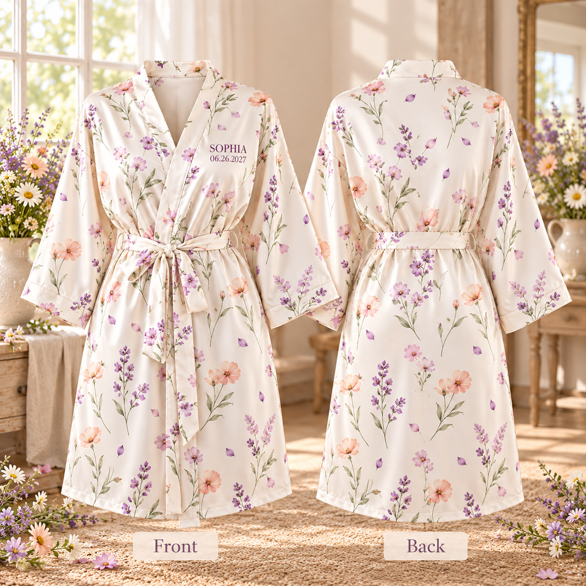 Wildflower Morning Personalized Satin Robe; front back. One Day for Lifetime