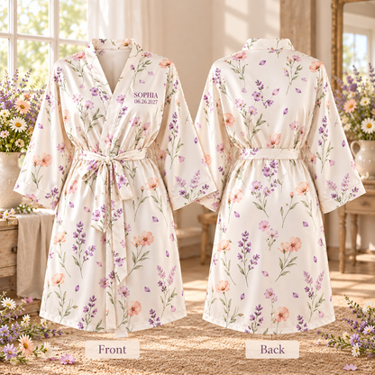 Wildflower Morning Personalized Satin Robe; front back. One Day for Lifetime