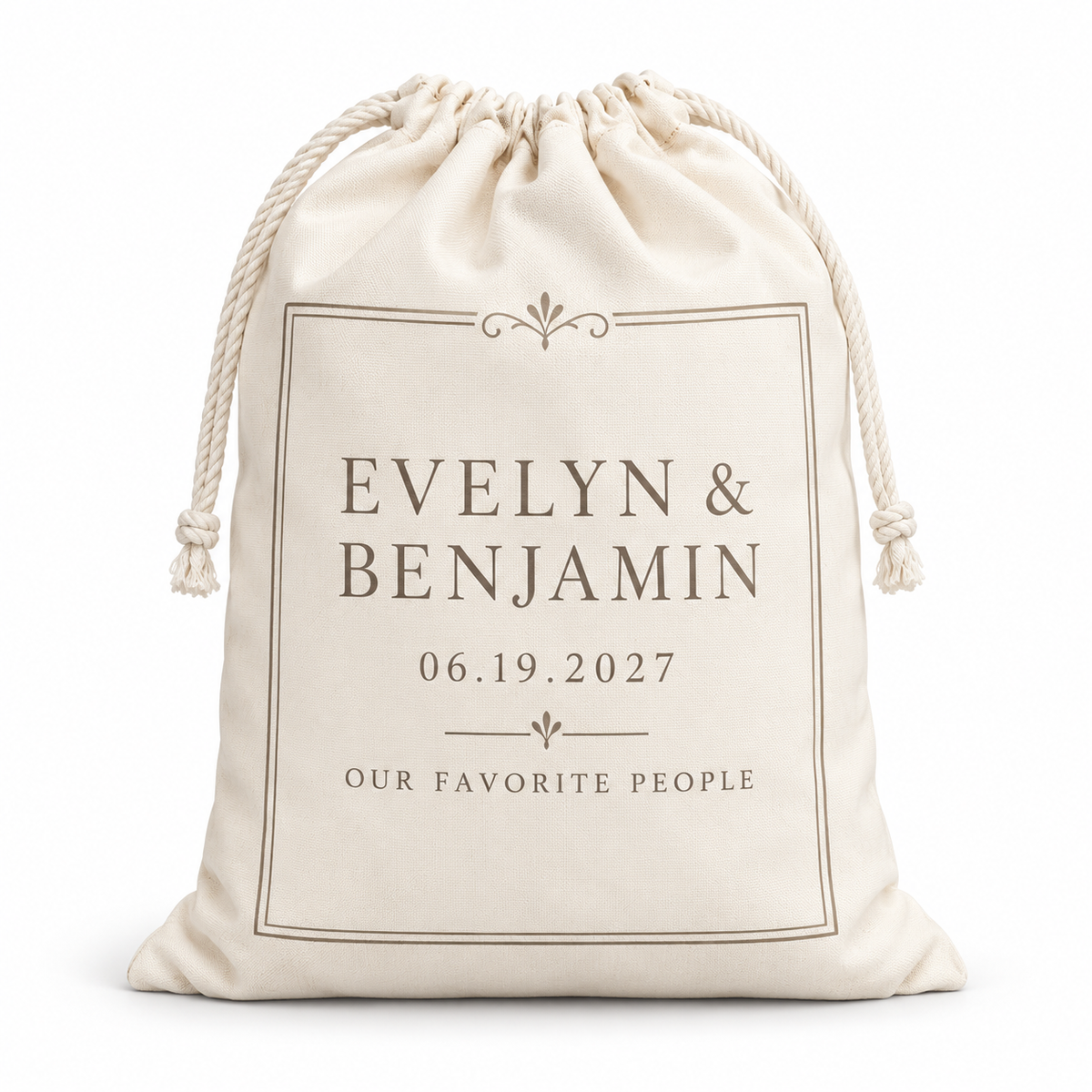 Minimalist Ivory personalized drawstring gift bag - hero