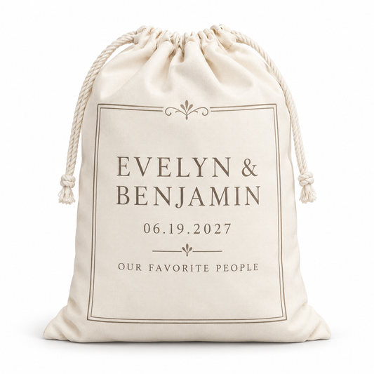 Minimalist Ivory personalized drawstring gift bag - hero