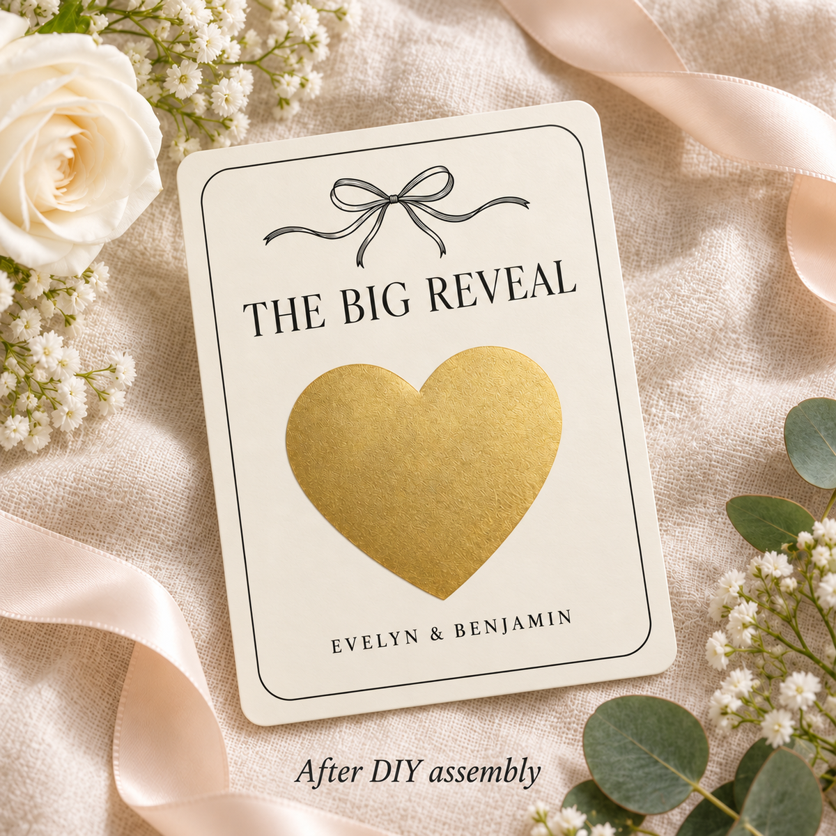 Minimal Big Reveal personalized scratch-off card - gift flatlay