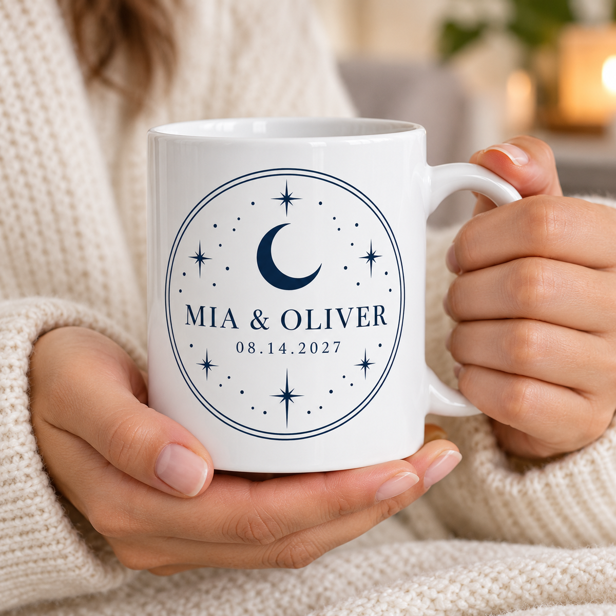Navy Celestial personalized wedding ceramic mug - hands