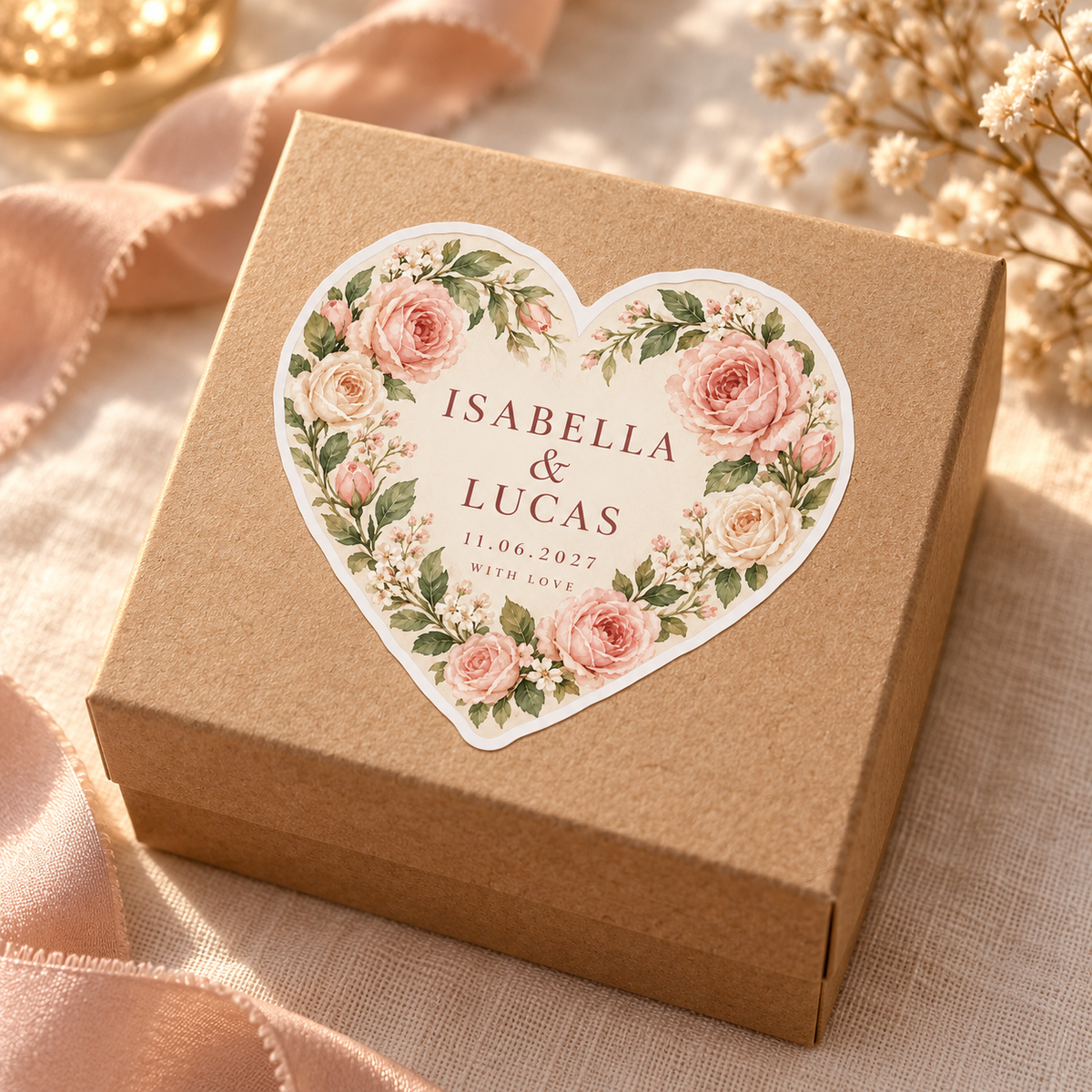 Blush Rose Heart personalized wedding sticker - favor box