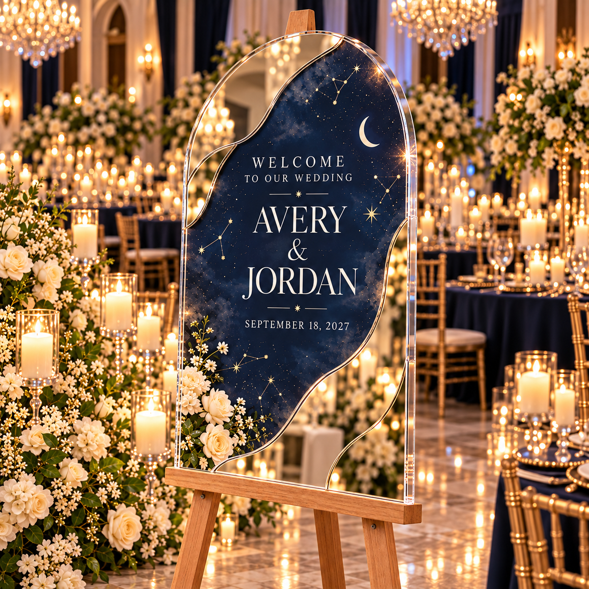 Midnight Celestial Personalized Mirror Acrylic Welcome Sign; right angle. One Day for Lifetime