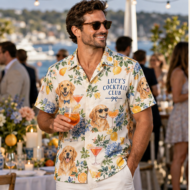 Pet Cocktail Hour Short Sleeve Button-Down Shirt; lifestyle context. One Day for Lifetime