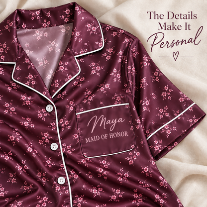 Plum Bridal Party | Personalized Satin Pajama Shirt Dress - detail