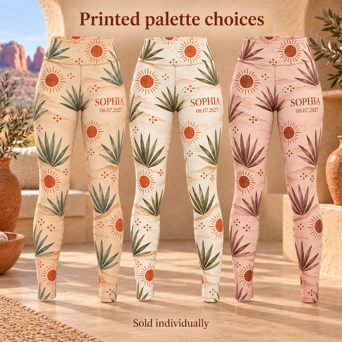 Desert Retreat Personalized Leggings; artwork palettes. One Day for Lifetime