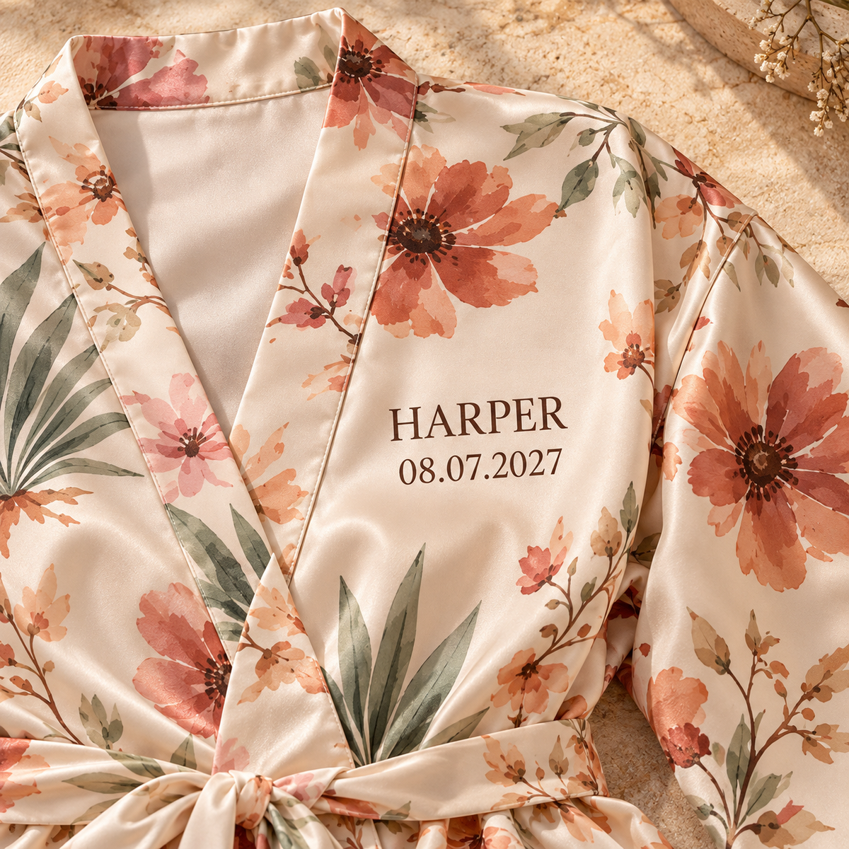 Desert Bloom Personalized Satin Robe; print detail. One Day for Lifetime