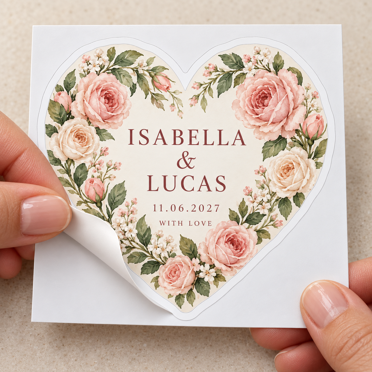 Blush Rose Heart personalized wedding sticker - peel detail