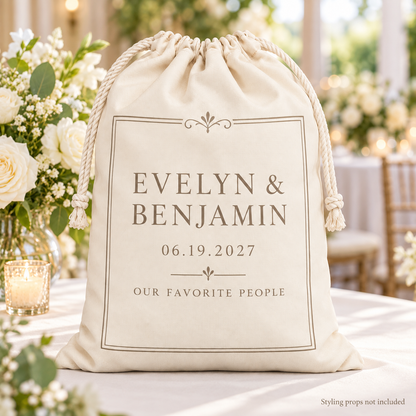 Minimalist Ivory personalized drawstring gift bag - wedding table