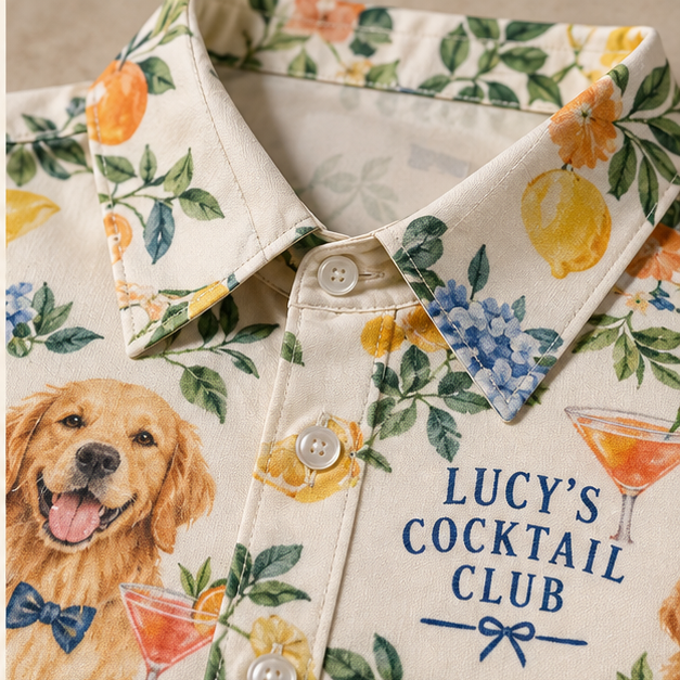 Pet Cocktail Hour Short Sleeve Button-Down Shirt; print material detail. One Day for Lifetime