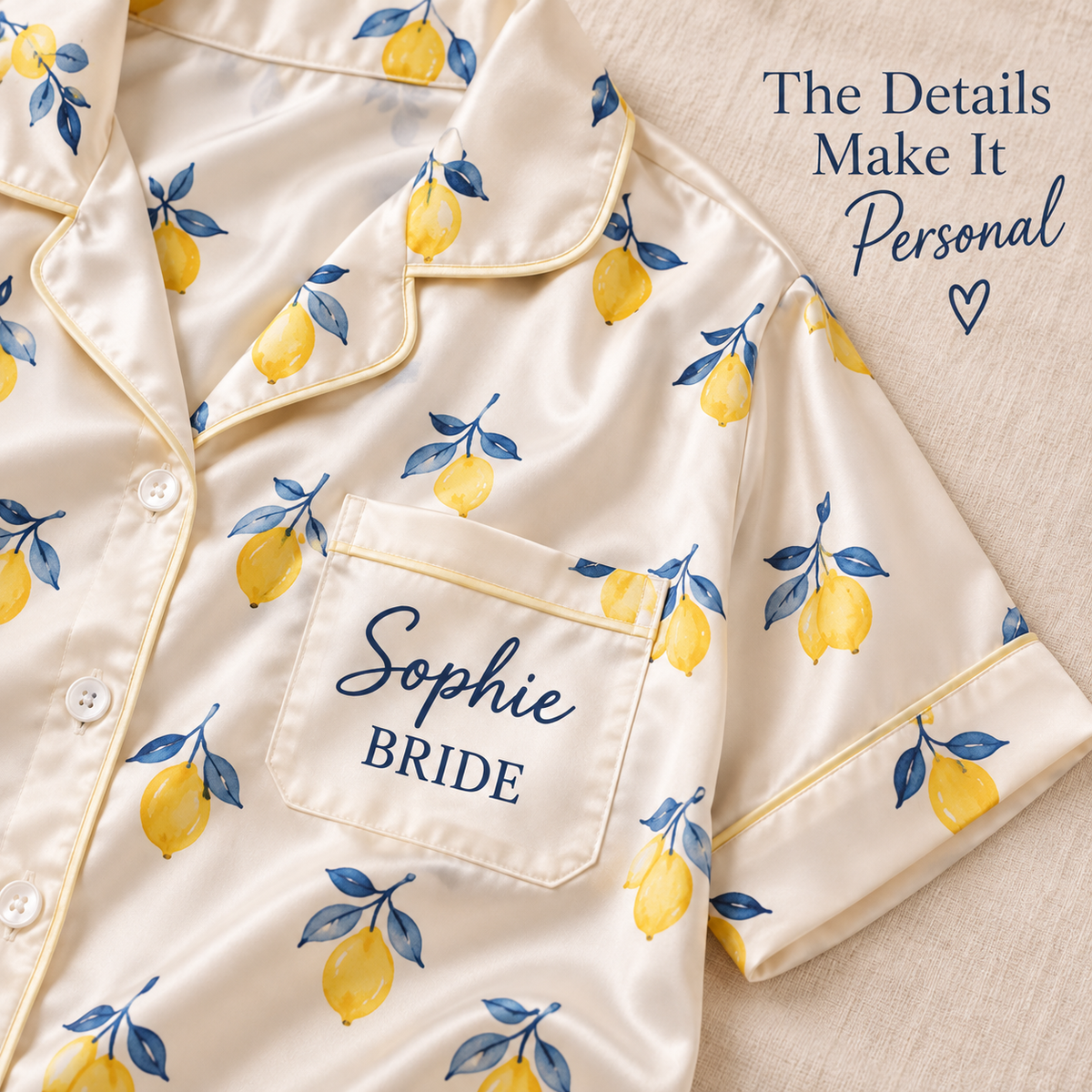 Citrus Wedding Weekend | Personalized Satin Pajama Shirt Dress - detail