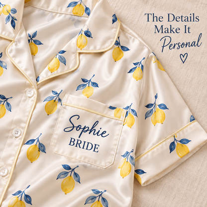 Citrus Wedding Weekend | Personalized Satin Pajama Shirt Dress - detail