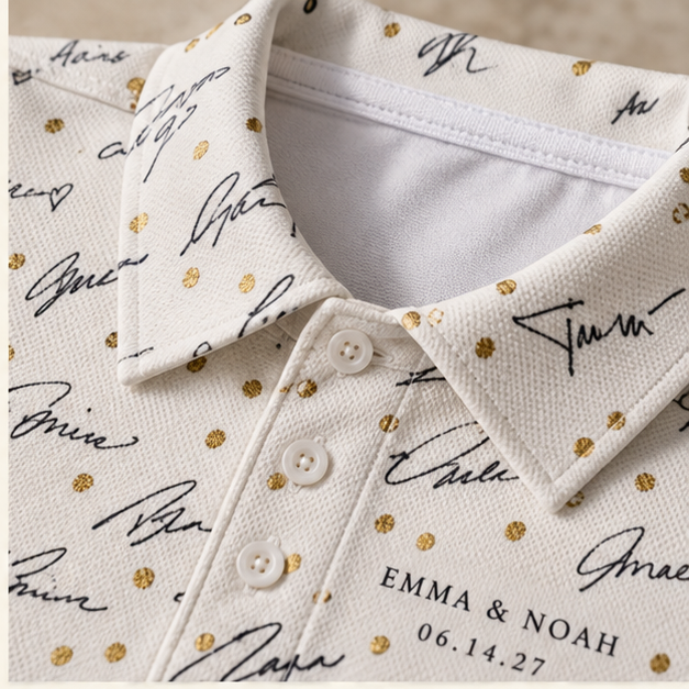 Guest Signature Confetti Polo Shirt; print material detail. One Day for Lifetime