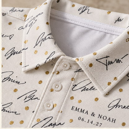 Guest Signature Confetti Polo Shirt; print material detail. One Day for Lifetime