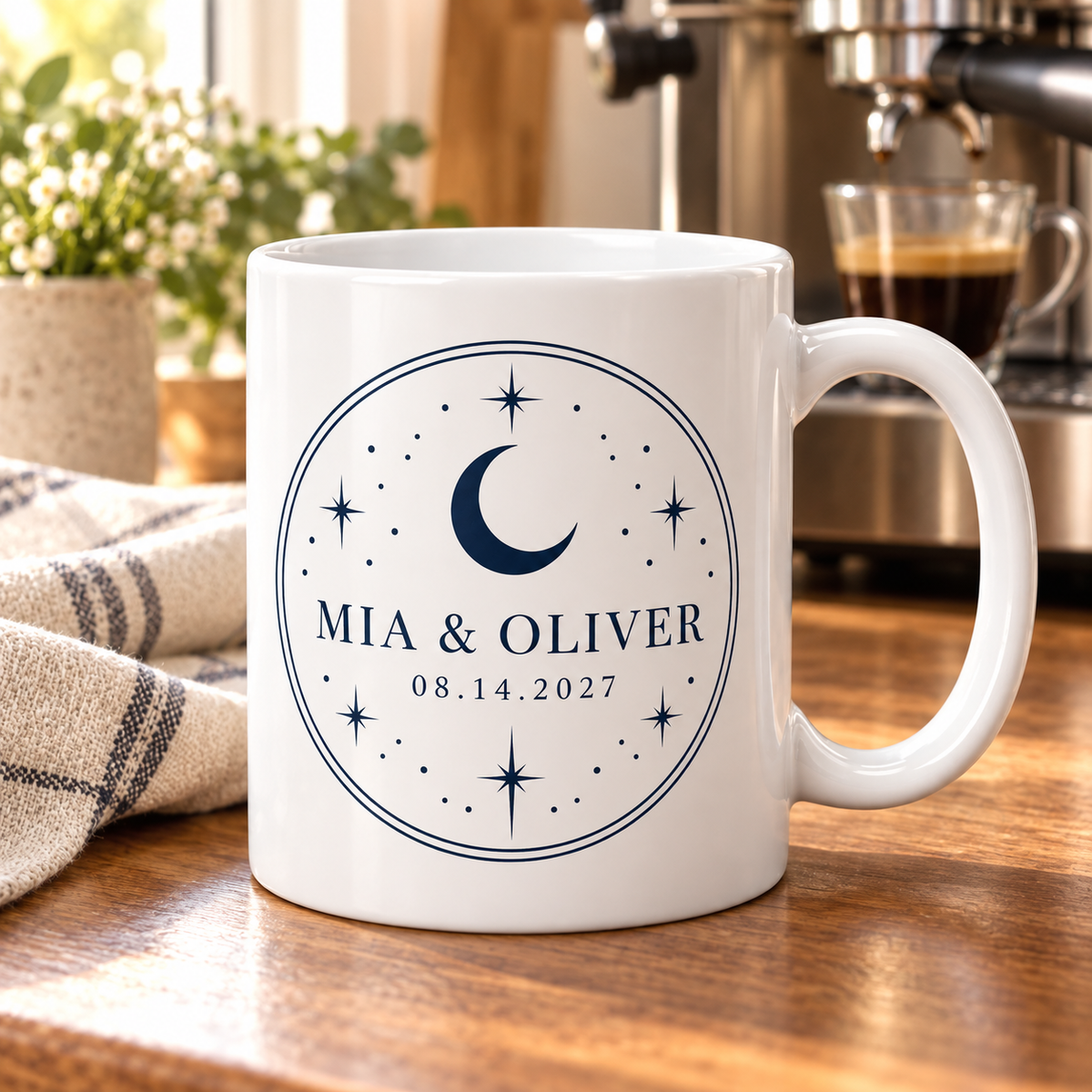 Navy Celestial personalized wedding ceramic mug - honeymoon coffee