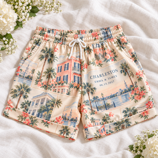 Destination Wedding Postcard Personalized Satin Pajama Shorts; hero. One Day for Lifetime