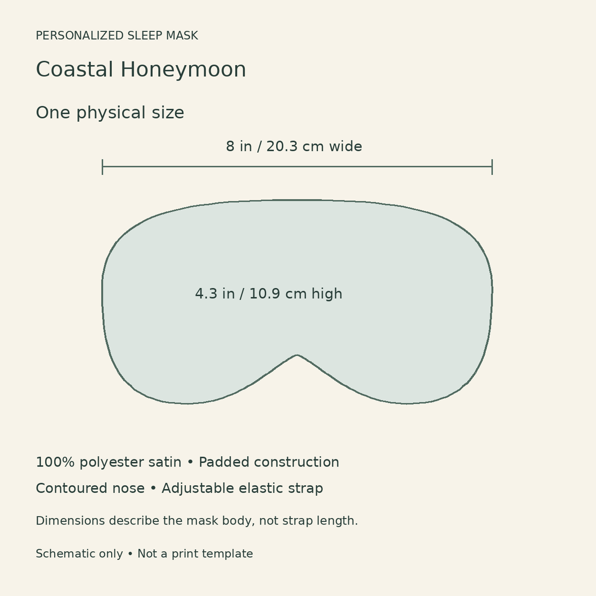 Coastal Honeymoon Sleep Mask; size guide. One Day for Lifetime