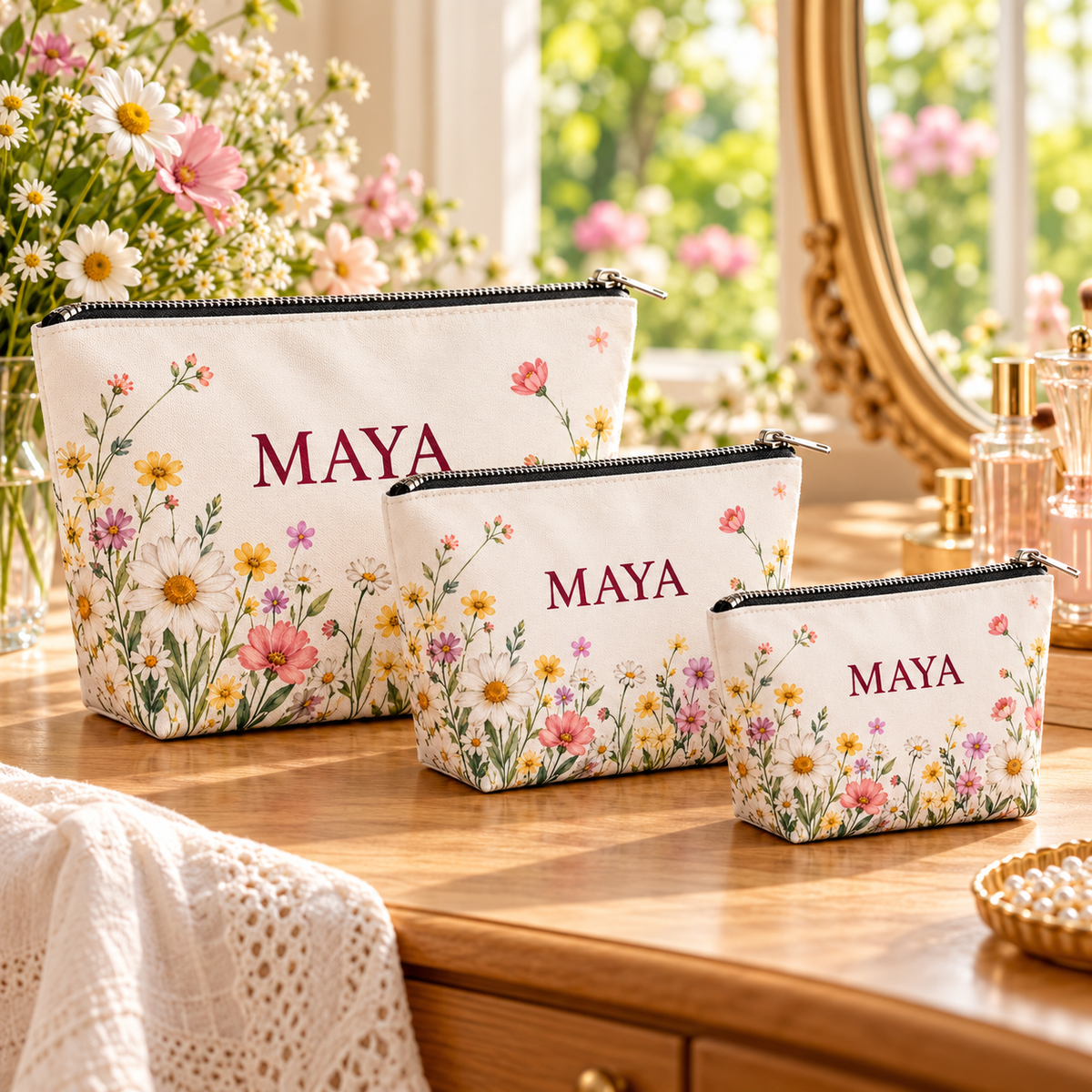 Pressed Meadow Cosmetic Bag; three sizes. One Day for Lifetime
