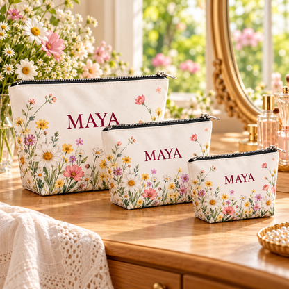 Pressed Meadow Cosmetic Bag; three sizes. One Day for Lifetime