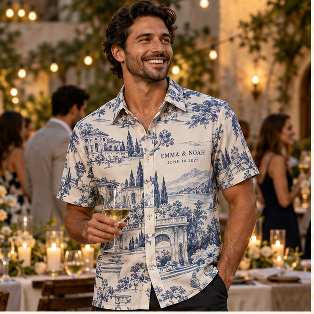Venue Blueprint Short Sleeve Button-Down Shirt; lifestyle context. One Day for Lifetime