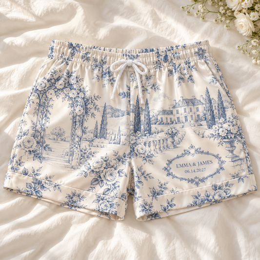 Wedding Morning Venue Toile Personalized Satin Pajama Shorts; hero. One Day for Lifetime