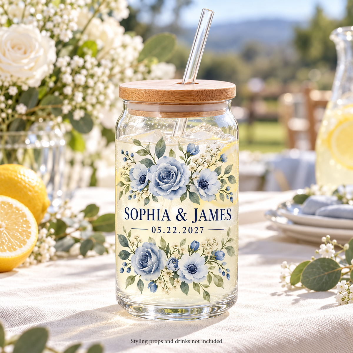 Dusty Blue Flowers personalized sipper glass - wedding table