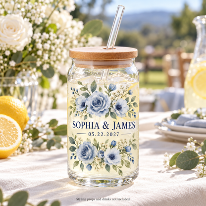 Dusty Blue Flowers personalized sipper glass - wedding table