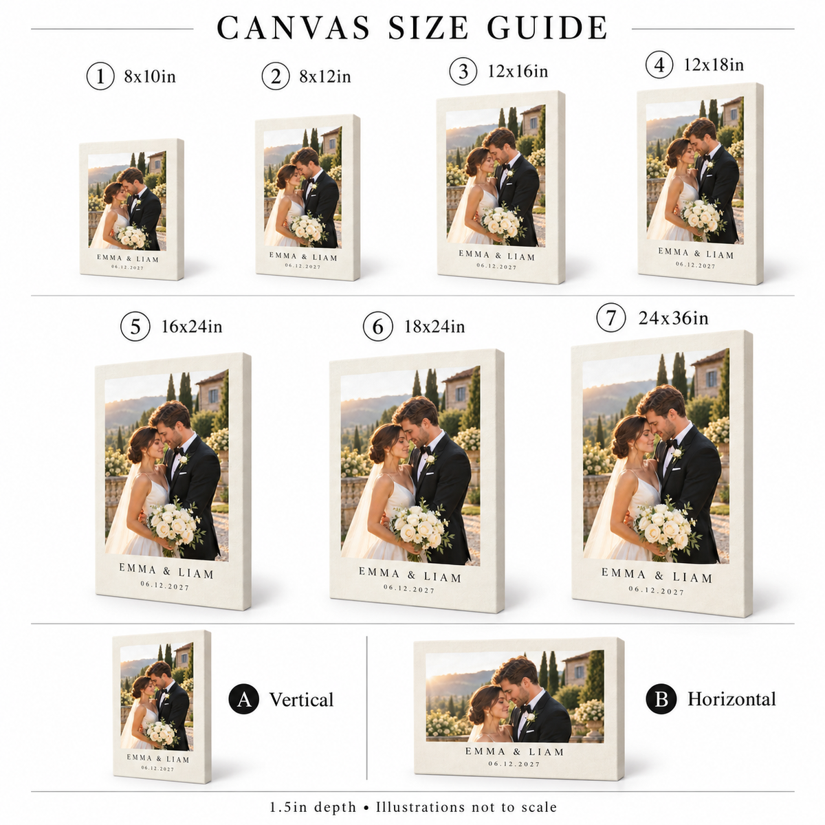 Ivory Editorial personalized wedding canvas print - size guide