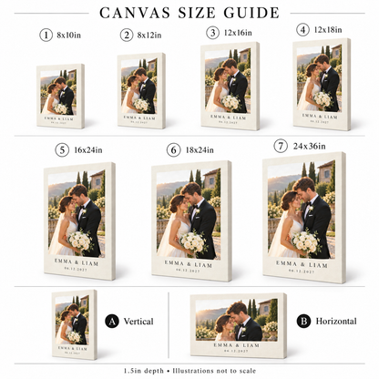 Ivory Editorial personalized wedding canvas print - size guide