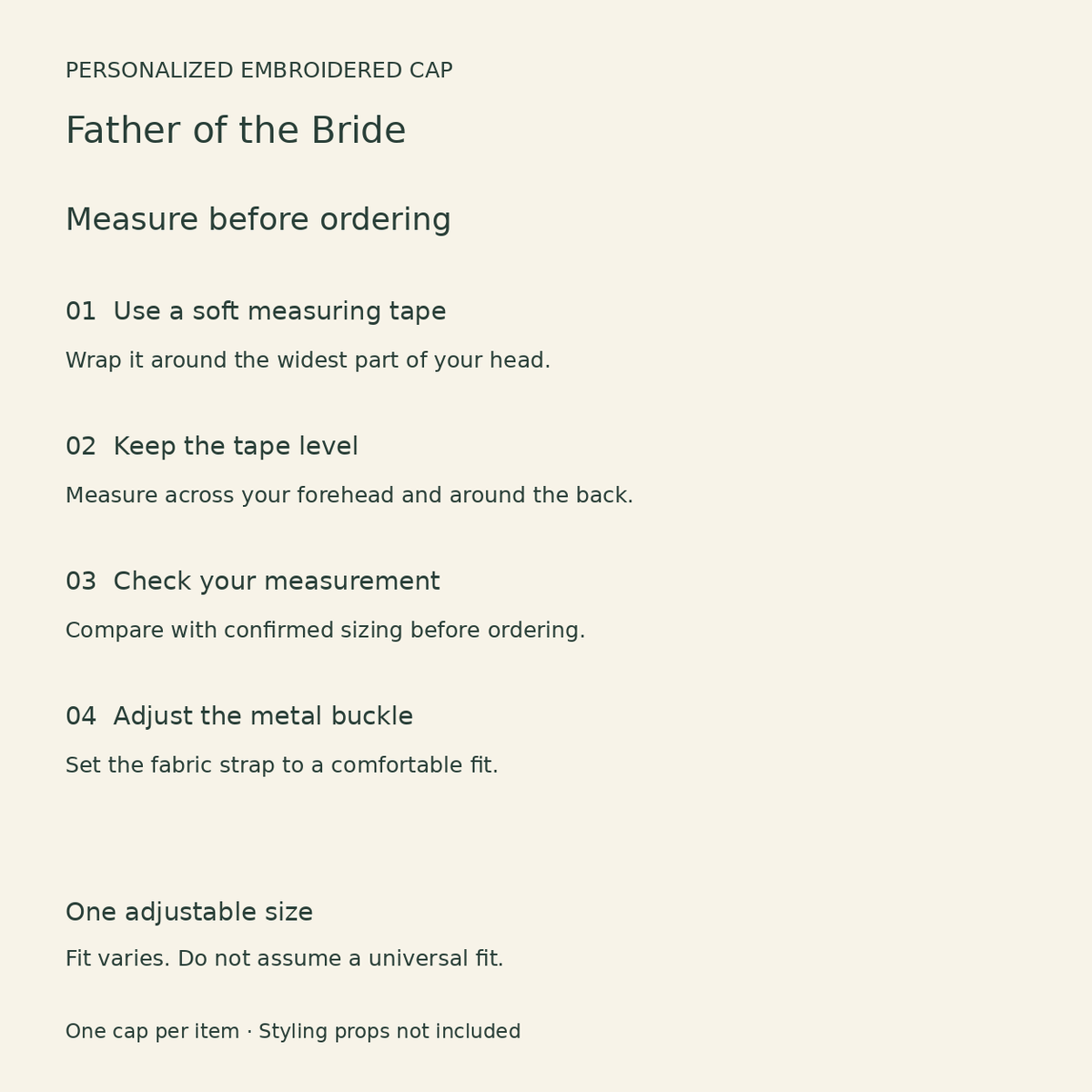 Father of the Bride Embroidered Cap; fitting guide. One Day for Lifetime