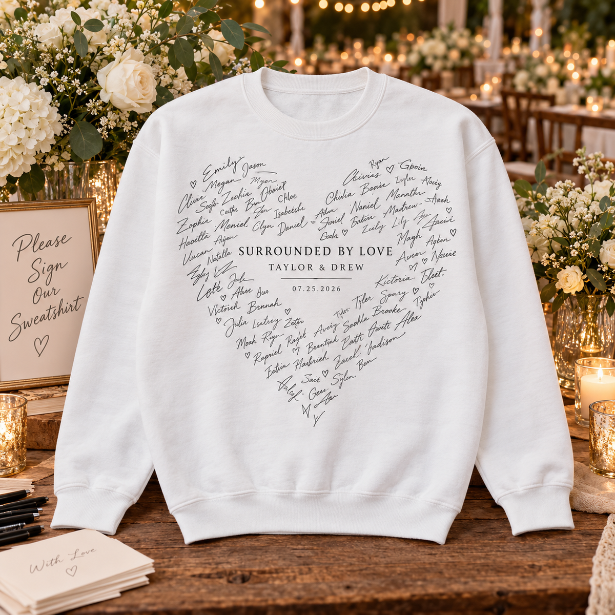 Guest Signature Heart Personalized Crewneck Sweatshirt; hero. One Day for Lifetime