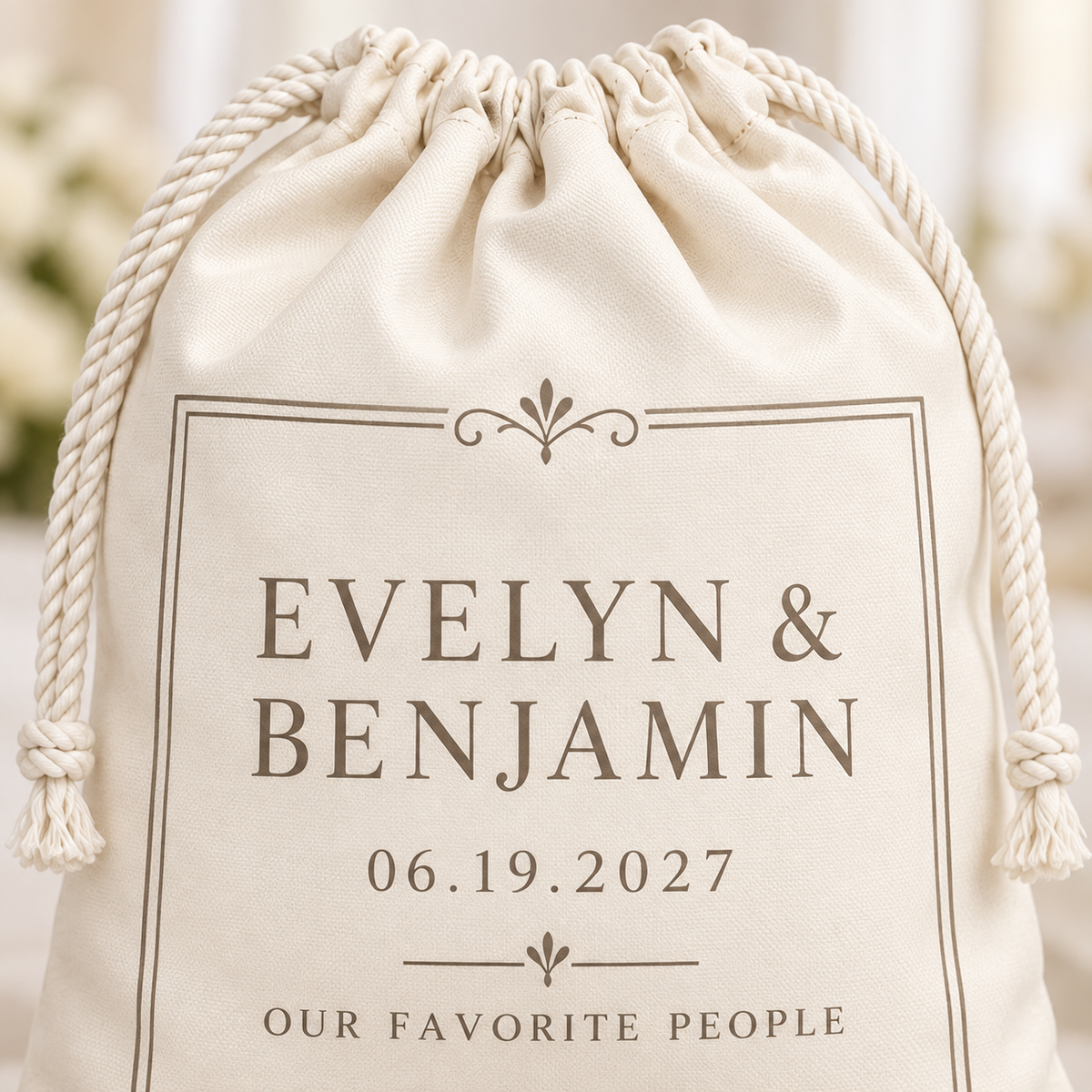 Minimalist Ivory personalized drawstring gift bag - detail