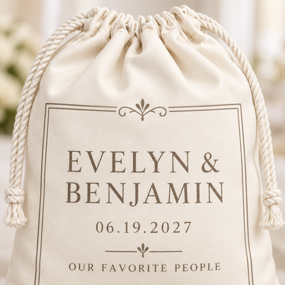 Minimalist Ivory personalized drawstring gift bag - detail