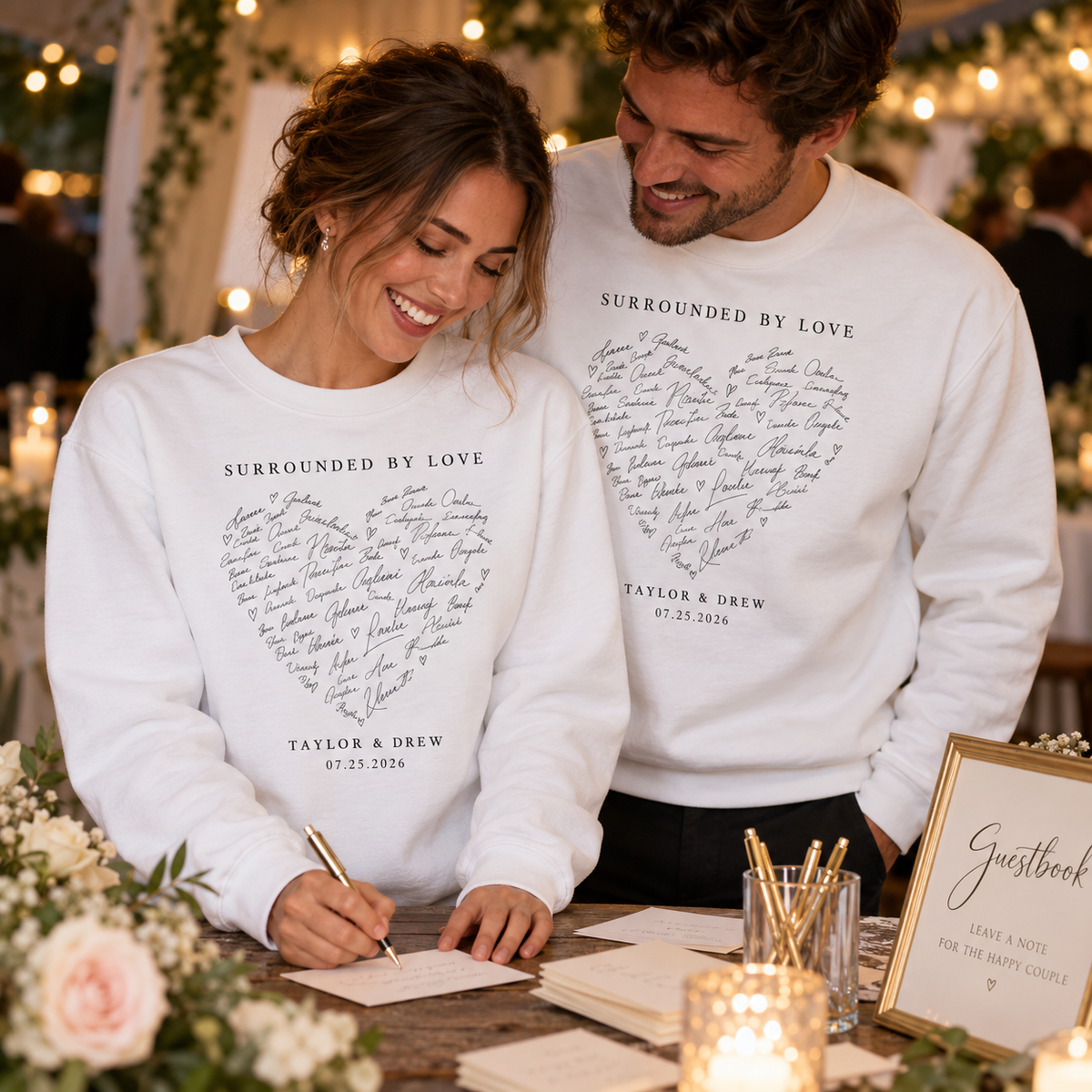 Guest Signature Heart Personalized Crewneck Sweatshirt; lifestyle context. One Day for Lifetime