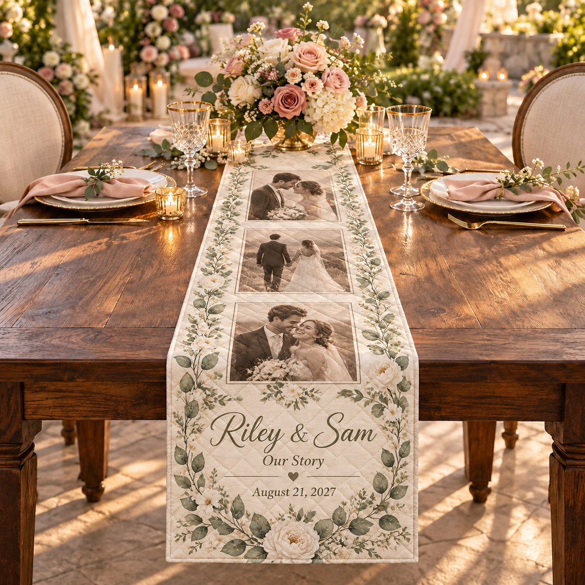Our Story in Photos Quilt Table Runner; hero. One Day for Lifetime