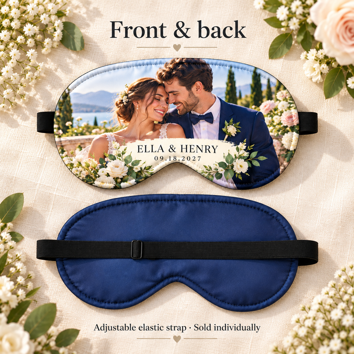 Wedding Photo Memory Sleep Mask; front back. One Day for Lifetime