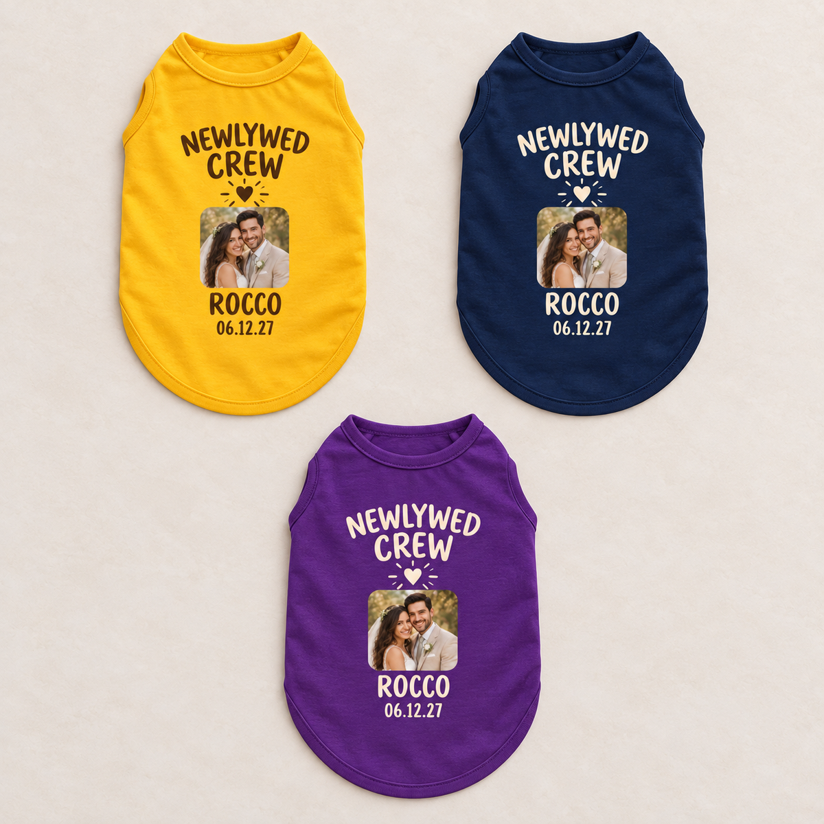 Newlywed Photo Crew Pet Tank Top; colorway variants. One Day for Lifetime