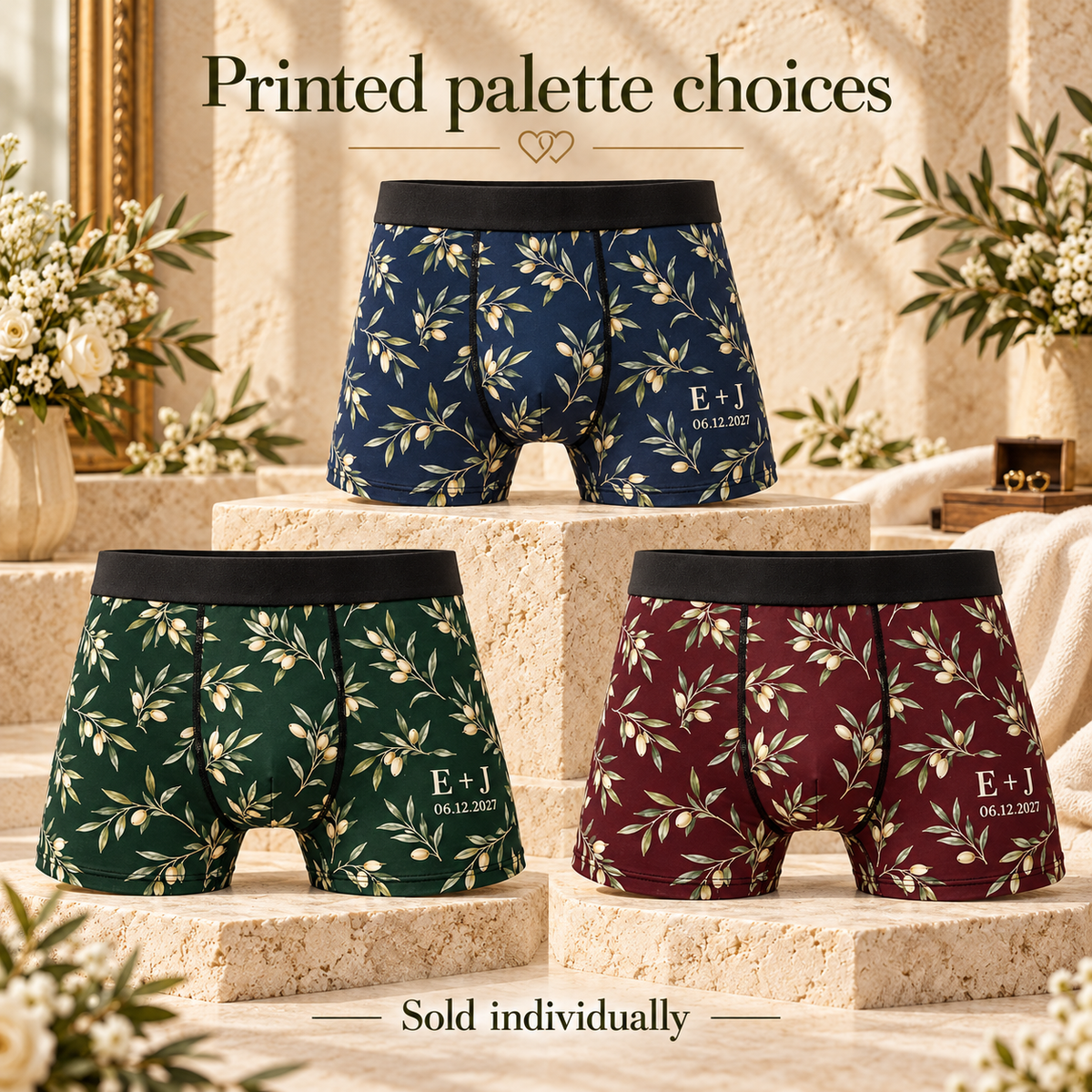 Heirloom Initials Personalized Boxer Briefs; artwork palettes. One Day for Lifetime