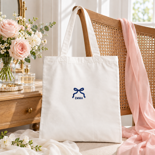Bow Bridesmaid Embroidered Tote Bag; hero. One Day for Lifetime