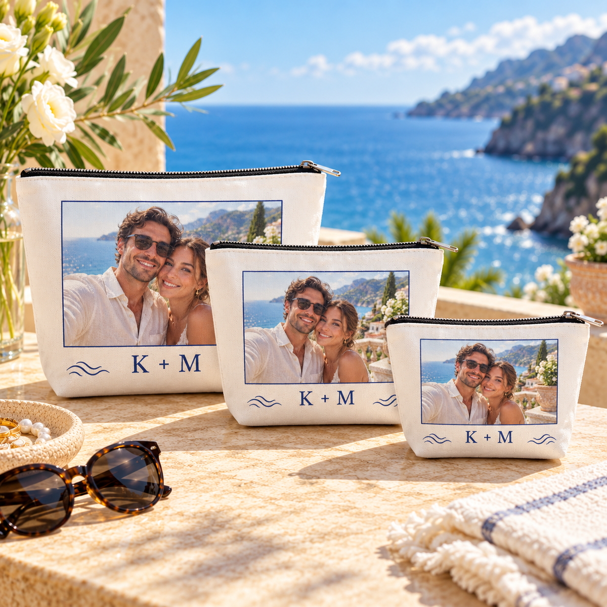 Honeymoon Postcard Cosmetic Bag; three sizes. One Day for Lifetime