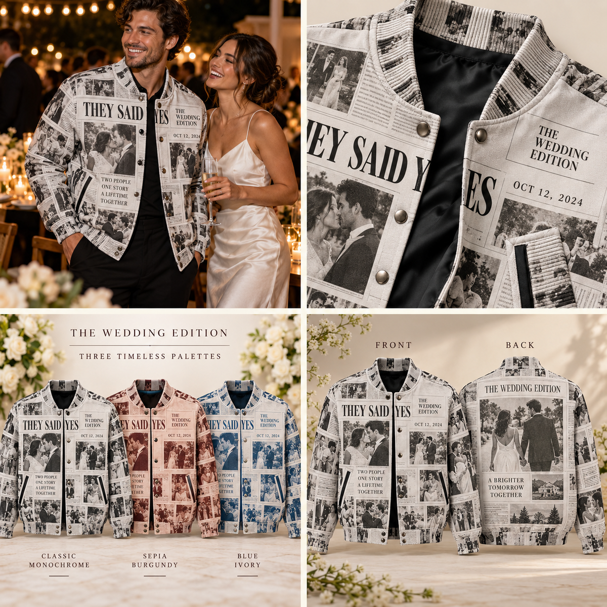 Wedding Newspaper Varsity Jacket; multi product view. One Day for Lifetime
