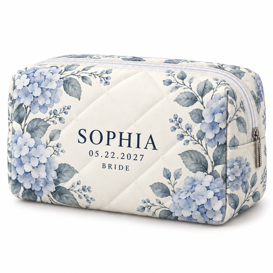Dusty Blue Hydrangea quilted makeup pouch - hero