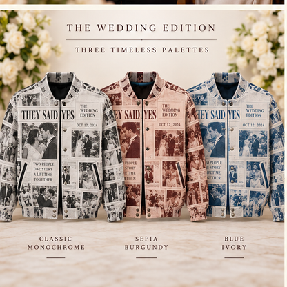 Wedding Newspaper Varsity Jacket; palette variants. One Day for Lifetime