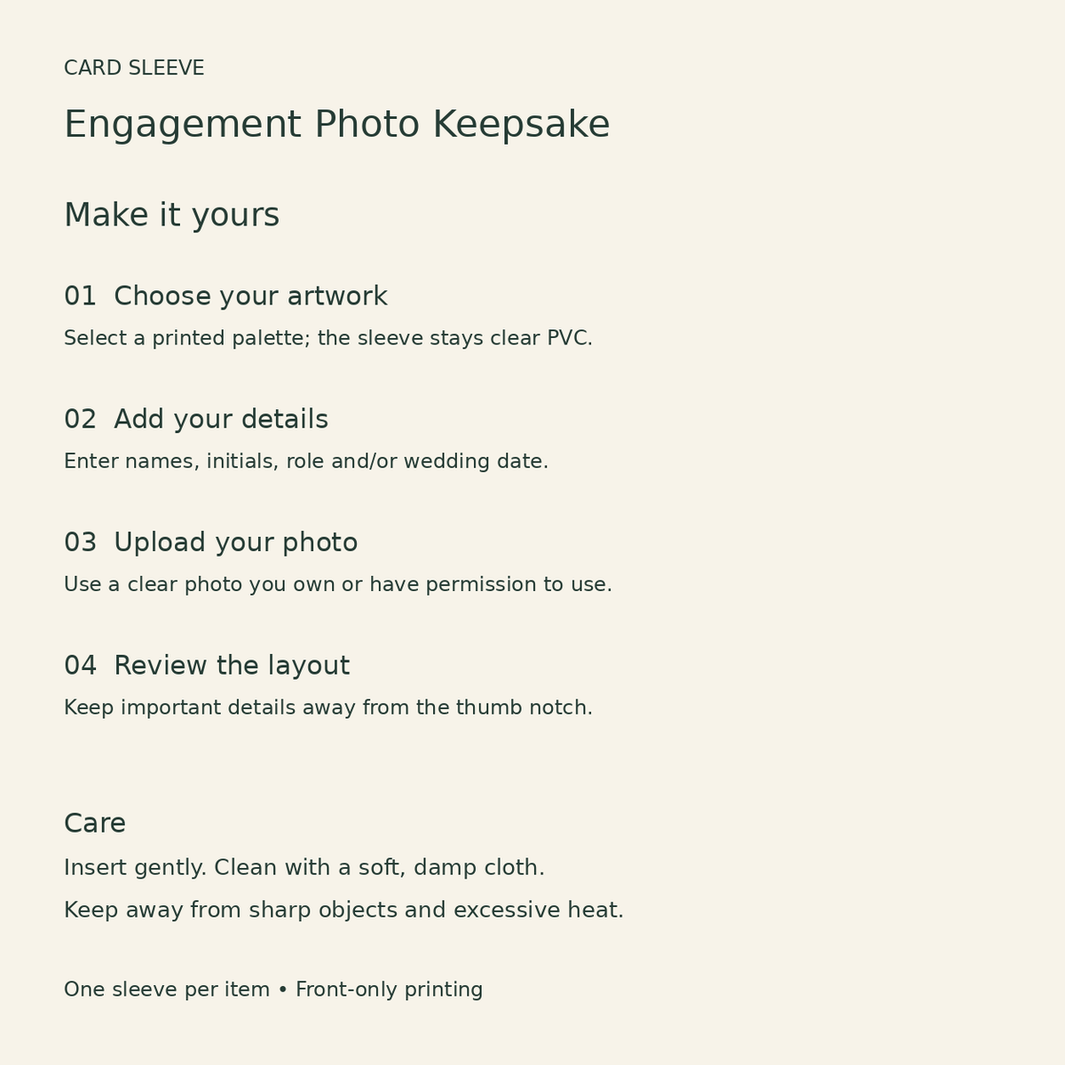 Engagement Photo Keepsake Card Sleeve; personalization care. One Day for Lifetime